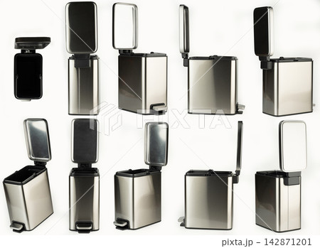 Open empty metal trash bin 142871201
