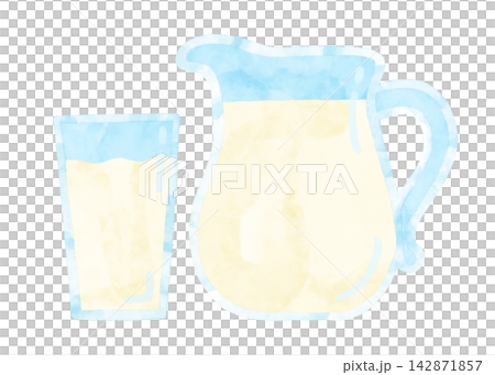 Hand-drawn watercolor milk pitcher and cup illustration set, stylized, with transparent white background. Hand-drawn watercolor milk pitcher and cup illustration set, stylized, with transparent white background. 142871857