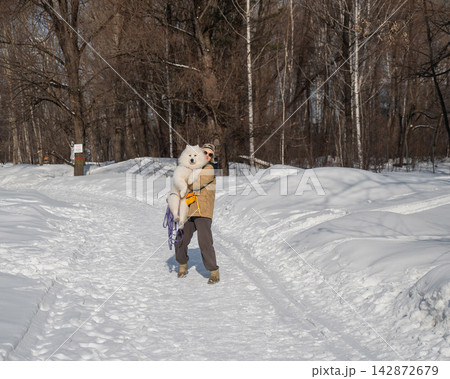 Smiling woman holding fluffy samoyed dog in snowy winter park. Smiling woman holding fluffy samoyed dog in snowy winter park. 142872679