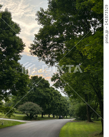 Sunset clouds over a tree-lined suburban street in Pennsylvania 142873529