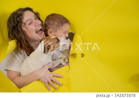Caucasian little boy, his mother and Jack Russell Terrier dog tearing yellow paper background. Caucasian little boy, his mother and Jack Russell Terrier dog tearing yellow paper background. 142873878