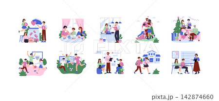Family and school life vector illustration set with people saving money, eating dessert, cooking, hugging, celebrating Christmas, playing sports, studying and walking to school 142874660