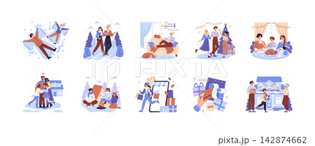 Winter holiday vector illustration set with people making snow angels, walking outdoors, relaxing at home, dancing by tree, sharing dinner, hugging, camping, shopping and decorating 142874662