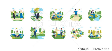 Outdoor camping leisure vector illustration set with people walking in park, hiking with map, jogging, reading by river, meditating, picnicking, grilling and sitting by campfire Outdoor camping leisure vector illustration set with people walking in park, hiking with map, jogging, reading by river, meditating, picnicking, grilling and sitting by campfire 142874667