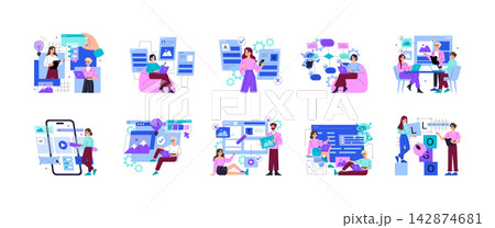 UX UI design team creating app interface layouts, testing mobile screens, editing typography, and working with chatbot and web elements in a flat vector illustration set UX UI design team creating app interface layouts, testing mobile screens, editing typography, and working with chatbot and web elements in a flat vector illustration set 142874681