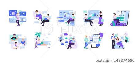 Business people work with analytics dashboards, mobile shopping, online meetings, chatbot support, cryptocurrency and artificial intelligence in a modern vector illustration set 142874686