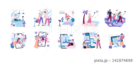 Social media content creators film cooking, fitness, yoga, travel, food and blogging scenes with smartphones for online posts and stories in a vector illustration set Social media content creators film cooking, fitness, yoga, travel, food and blogging scenes with smartphones for online posts and stories in a vector illustration set 142874699