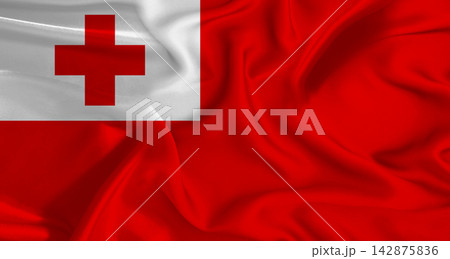 Tongan flag with a silky fabric texture waving. Realistic Tonga flag waving 142875836