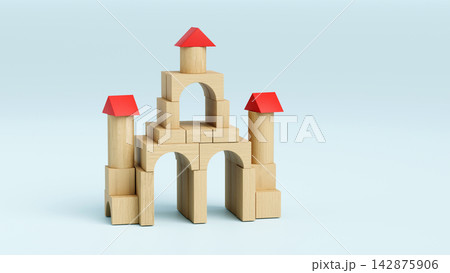 Wooden toy castle with arch, cylindrical towers and red roofs, 3D render on pale blue background Wooden toy castle with arch, cylindrical towers and red roofs, 3D render on pale blue background 142875906