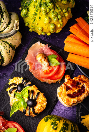 Halloween appetizers. Assortment of snack, food, party buffet 142876014