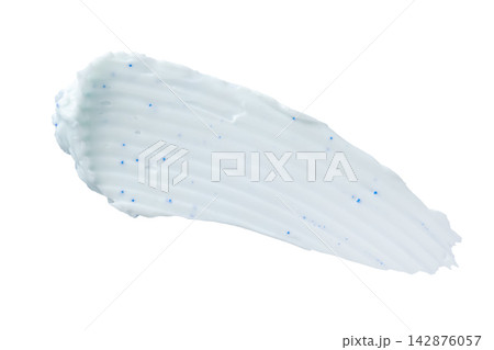 Blue exfoliating cosmetic cream smear with microbeads isolated on white background, skincare cleansing scrub or toothpaste texture sample for beauty product design. Blue exfoliating cosmetic cream smear with microbeads isolated on white background, skincare cleansing scrub or toothpaste texture sample for beauty product design. 142876057