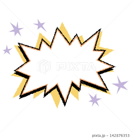 Speech comic starburst frame with jagged burst shape, rough black outline and peach inner stroke over yellow accents and purple stars. Graphic burst for stickers, posters or comic titles Speech comic starburst frame with jagged burst shape, rough black outline and peach inner stroke over yellow accents and purple stars. Graphic burst for stickers, posters or comic titles 142876353