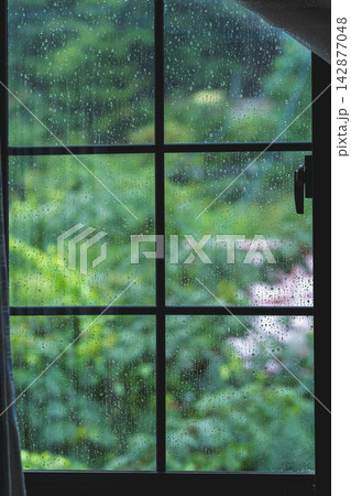 縦構図の室内から見る雨の水滴が付いた格子窓と梅雨の背景素材 縦構図の室内から見る雨の水滴が付いた格子窓と梅雨の背景素材 142877048