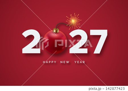 2027 Happy New Year text with red holiday ornament, burning fuse and bright spark on red background 2027 Happy New Year text with red holiday ornament, burning fuse and bright spark on red background 142877423