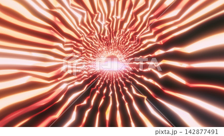 Abstract red and white neon tunnel with jagged glowing lines converging toward a bright futuristic horizon. 142877491
