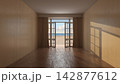 Sunlit Empty Room with Open French Doors and Scenic Beach Ocean View 142877612