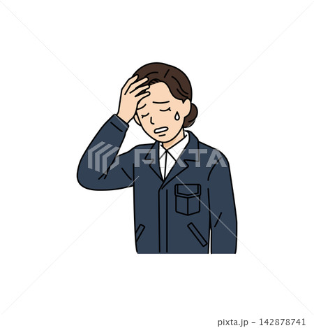 頭を抱えて悩みや困りごとを抱えるネイビー作業着の女性上司イラスト 頭を抱えて悩みや困りごとを抱えるネイビー作業着の女性上司イラスト 142878741