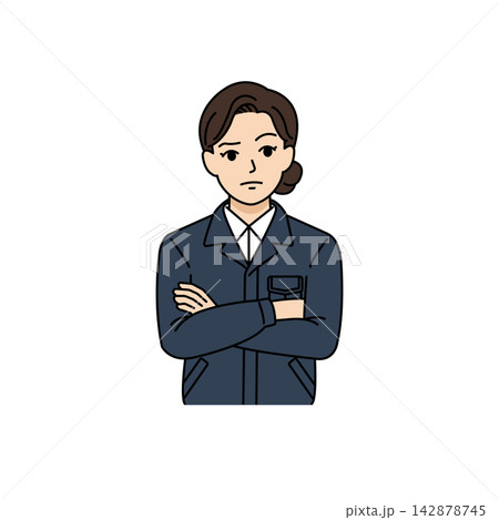 腕を組んで真剣に考え事や検討をするネイビー作業着の女性上司イラスト 142878745