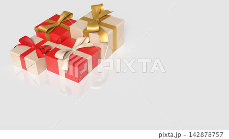 Elegant Red and Cream Gift Boxes with Decorative Ribbon Bows 3d render. Elegant Red and Cream Gift Boxes with Decorative Ribbon Bows 3d render. 142878757