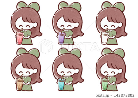 ストローでドリンクを飲む女の子のイラストセット ストローでドリンクを飲む女の子のイラストセット 142878802