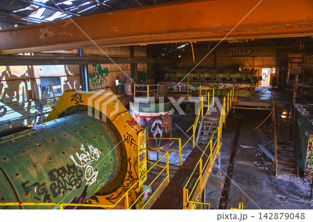 Abandoned Goldome Mill Interior Graffiti Machinery and Metal Walkways Mojave 142879048