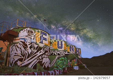 Goldome Mill Graffiti and Milky Way Night Sky at Abandoned Mojave California 142879057