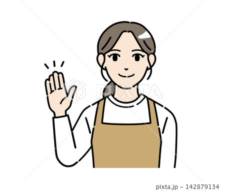 手を挙げて案内する若い女性スタッフのイラスト 142879134