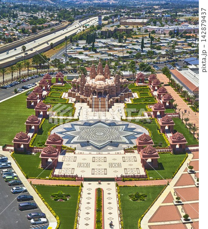 Aerial BAPS Shri Swaminarayan Mandir California Temple and Courtyards Panoramic View Aerial BAPS Shri Swaminarayan Mandir California Temple and Courtyards Panoramic View 142879437