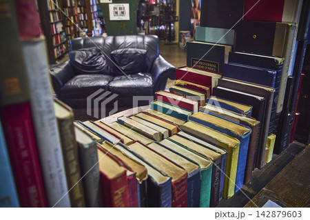 Bookstore Interior With Vintage Books And Leather Sofa In Cozy Los Angeles Setting 142879603