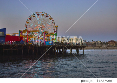 Santa Monica Pier Ferris Wheel Lights at Blue Hour with Ocean and Cityscape Santa Monica Pier Ferris Wheel Lights at Blue Hour with Ocean and Cityscape 142879661