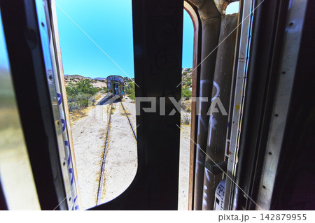 Abandoned Graffiti Train Cars on Desert Tracks California Urban Exploration Abandoned Graffiti Train Cars on Desert Tracks California Urban Exploration 142879955