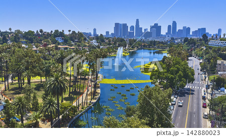 Aerial Echo Park Lake Palm Trees and Los Angeles Skyline Urban Oasis Aerial Echo Park Lake Palm Trees and Los Angeles Skyline Urban Oasis 142880023