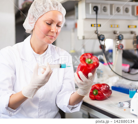 Woman lab technician analyzing pepper in laboratory 142880134
