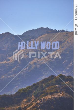 Hollywood Sign on Griffith Park Hillside Under Clear Blue Sky Los Angeles Hollywood Sign on Griffith Park Hillside Under Clear Blue Sky Los Angeles 142880270