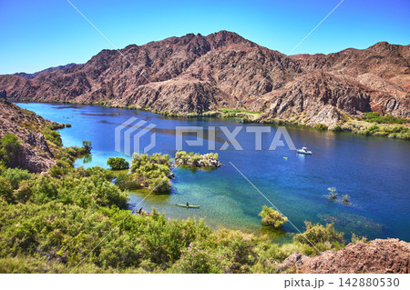 Willow Beach Colorado River and Desert Mountains with Recreational Boating Arizona Willow Beach Colorado River and Desert Mountains with Recreational Boating Arizona 142880530