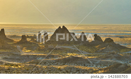 Aerial Trona Pinnacles at Golden Hour California Desert Landscape Aerial Trona Pinnacles at Golden Hour California Desert Landscape 142880703