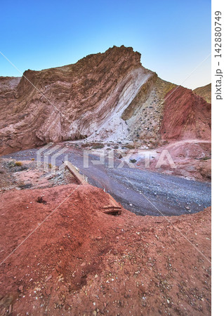Red and White Rock Formations and Desert Trail at Anniversary Mines Nevada 142880749
