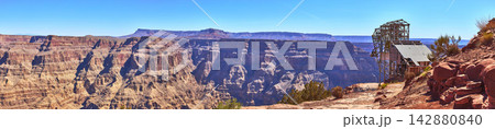 Panorama Grand Canyon West Arizona Abandoned Mine Structure and Red Rock Cliffs Panorama Grand Canyon West Arizona Abandoned Mine Structure and Red Rock Cliffs 142880840