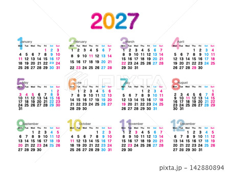 刺繍文字風の2027年の年間カレンダー 月曜始まり 横位置 刺繍文字風の2027年の年間カレンダー 月曜始まり 横位置 142880894