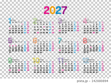 刺繍文字風の2027年の年間カレンダー 月曜始まり 横位置 刺繍文字風の2027年の年間カレンダー 月曜始まり 横位置 142880894