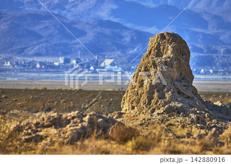 Trona Pinnacles Tufa Formation and Desert Plain at Golden Hour California Trona Pinnacles Tufa Formation and Desert Plain at Golden Hour California 142880916