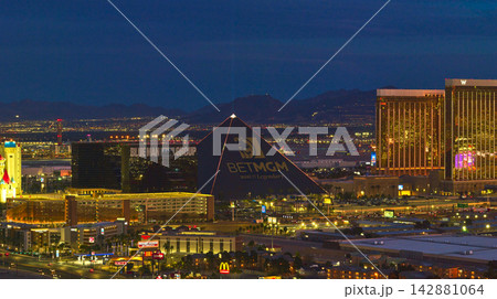 Aerial Luxor Pyramid and Mandalay Bay Night Panorama Las Vegas Strip 142881064