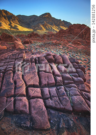 Valley of Fire Red Sandstone Formations and Desert Mountains Nevada Landscape Valley of Fire Red Sandstone Formations and Desert Mountains Nevada Landscape 142881256