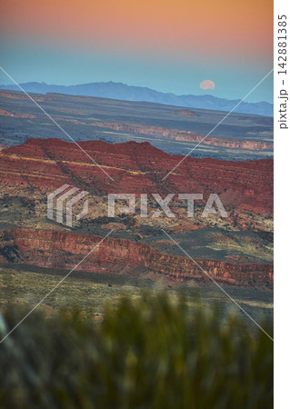 Grand Canyon Sunrise Moonset Over Layered Red Rock Canyon From Twin Point Overlook Grand Canyon Sunrise Moonset Over Layered Red Rock Canyon From Twin Point Overlook 142881385