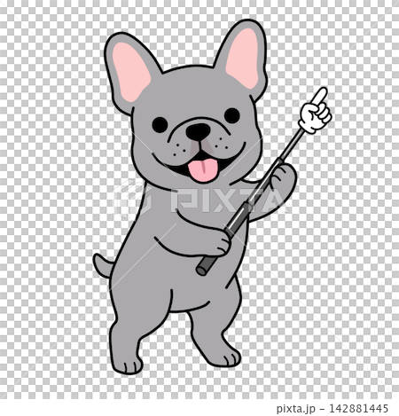 An illustration of a French Bulldog holding a pointer and pointing upwards (for information/attention). An illustration of a French Bulldog holding a pointer and pointing upwards (for information/attention). 142881445