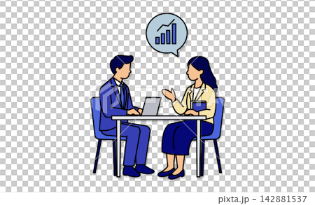 Line art illustration icon of a company meeting where an employee and a female expert discuss performance improvement and business growth. Line art illustration icon of a company meeting where an employee and a female expert discuss performance improvement and business growth. 142881537