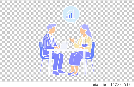 Line art illustration icon of a company meeting where an employee and a female expert discuss performance improvement and business growth. 142881538