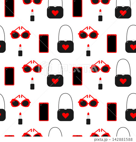 Seamless fashion pattern has sunglasses, heart handbags, lipstick and phones in red and black tones. Hand drawn vector illustration for boutique packaging, fabric print, gift wrap and salon stationery 142881588