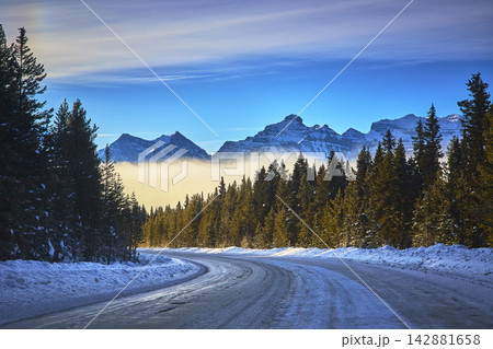 Winter Highway and Snowy Forest Leading to Majestic Mountain Peaks in Banff Alberta Winter Highway and Snowy Forest Leading to Majestic Mountain Peaks in Banff Alberta 142881658