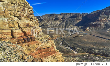 Layered Rock Formations Virgin River Canyon and Highway Arizona Strip Landscape Layered Rock Formations Virgin River Canyon and Highway Arizona Strip Landscape 142881791